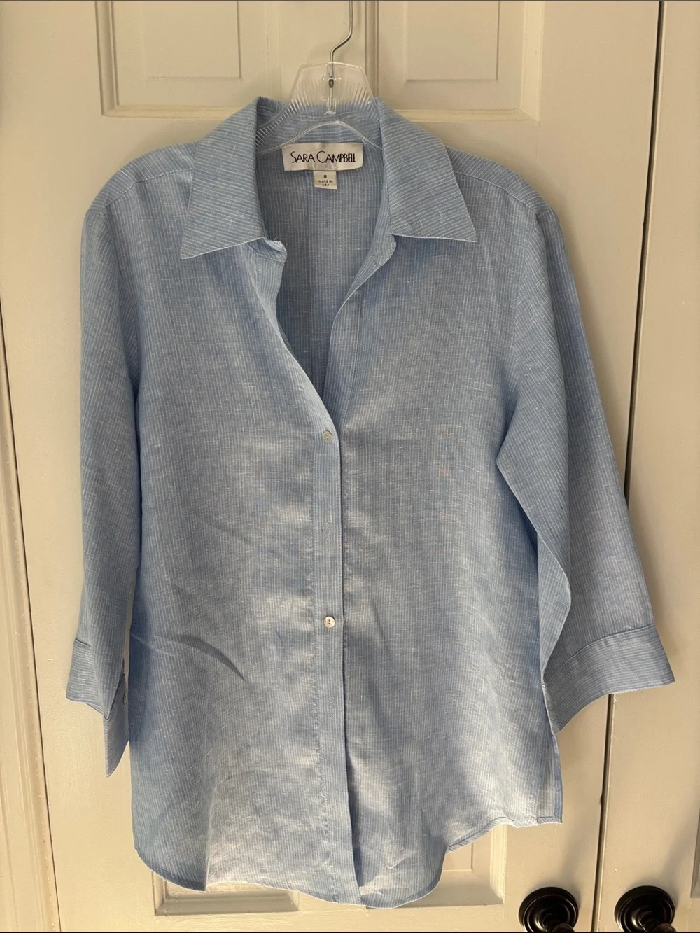 Sara Campbell Light Blue Casual Linen Button-Down Shirt
